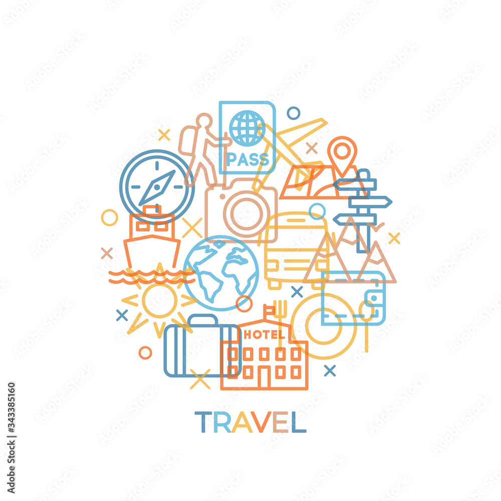 TRAVEL Concept with icons and signs in trendy linear style