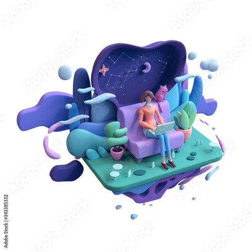 Fototapeta Naklejka Na Ścianę i Meble -  Brunette woman with a laptop sitting on sofa late at night. Abstract concept art lazy sedentary lifestyle of a young freelancer working from home with cat, plants. 3d render isolated on white backdrop