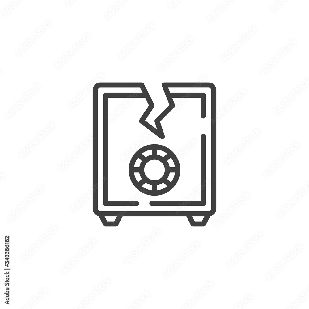 Broken bank safe line icon. linear style sign for mobile concept and web design. Deposit box with hole outline vector icon. Bankruptcy, financial crisis symbol, logo illustration. Vector graphics Broken bank safe line icon. linear style sign for mobile concept and web design. Deposit box with hole outline vector icon. Bankruptcy, financial crisis symbol, logo illustration. Vector graphics
