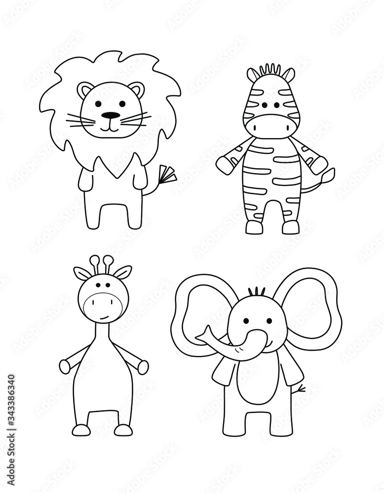 A set of simple silhouettes of cartoon animals, Zebra, lion, giraffe, elephant. Primitive outline, funny toy, fantasy. Cute coloring book for small children, vector illustration. A set of simple silhouettes of cartoon animals, Zebra, lion, giraffe, elephant. Primitive outline, funny toy, fantasy. Cute coloring book for small children, vector illustration.