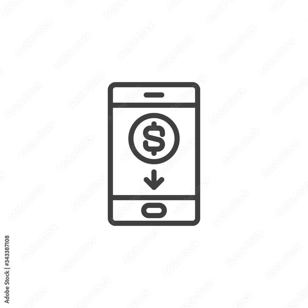 Online dollar rate line icon. linear style sign for mobile concept and web design. Mobile phone with dollar decrease outline vector icon. Symbol, logo illustration. Vector graphics Online dollar rate line icon. linear style sign for mobile concept and web design. Mobile phone with dollar decrease outline vector icon. Symbol, logo illustration. Vector graphics