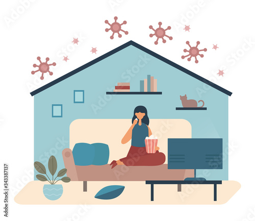 Flat woman watching movie being on quarantine at home