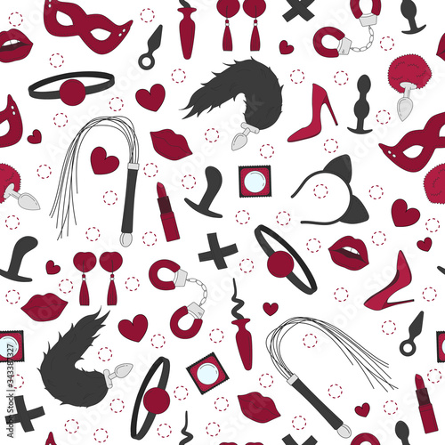 Vector seamless pattern bdsm. Colored icon of intimate toys, sex shop. Isolated over white background.