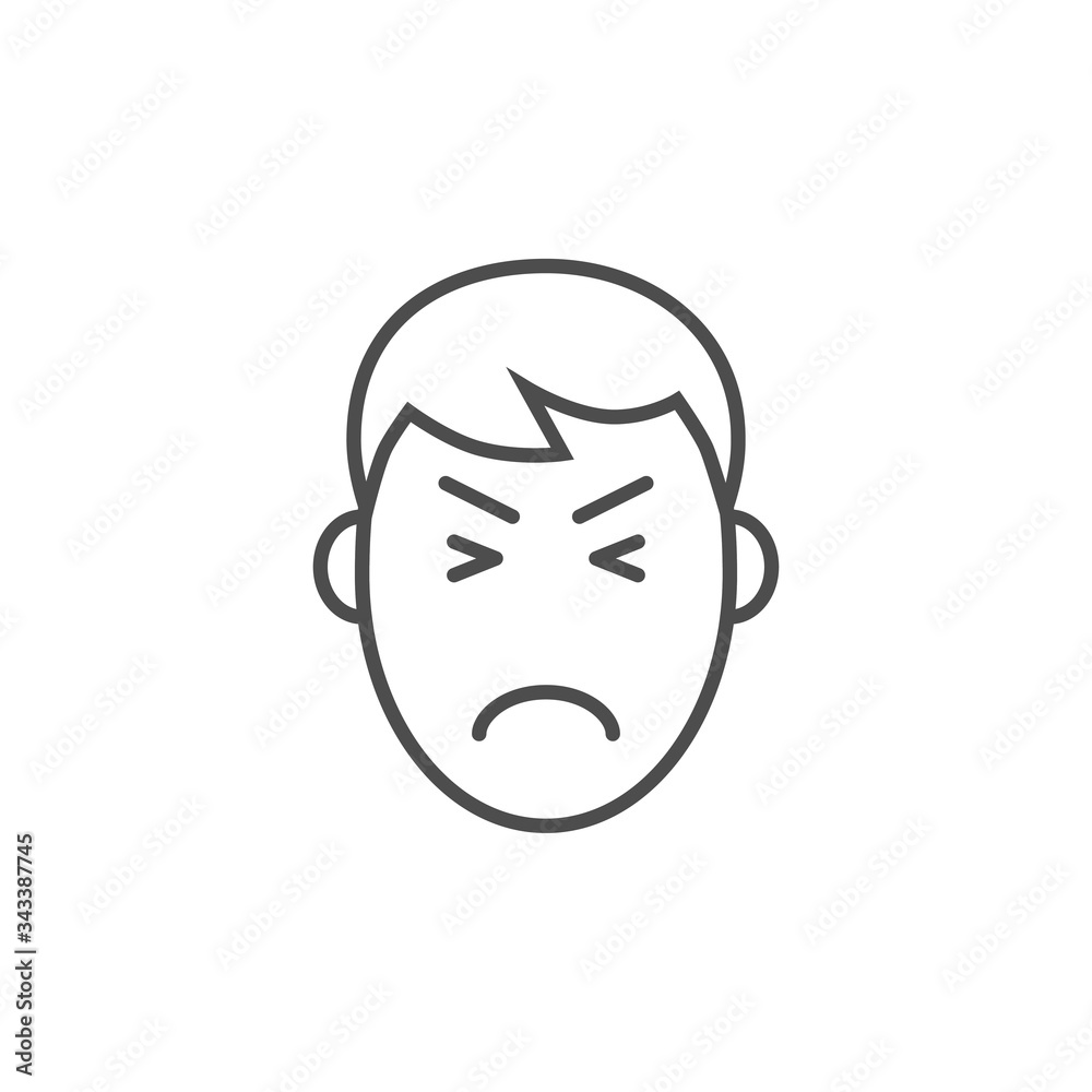 Pain hesad related vector thin line icon. A man with a curved face has a headache. Isolated on white background. Editable stroke. Vector illustration.