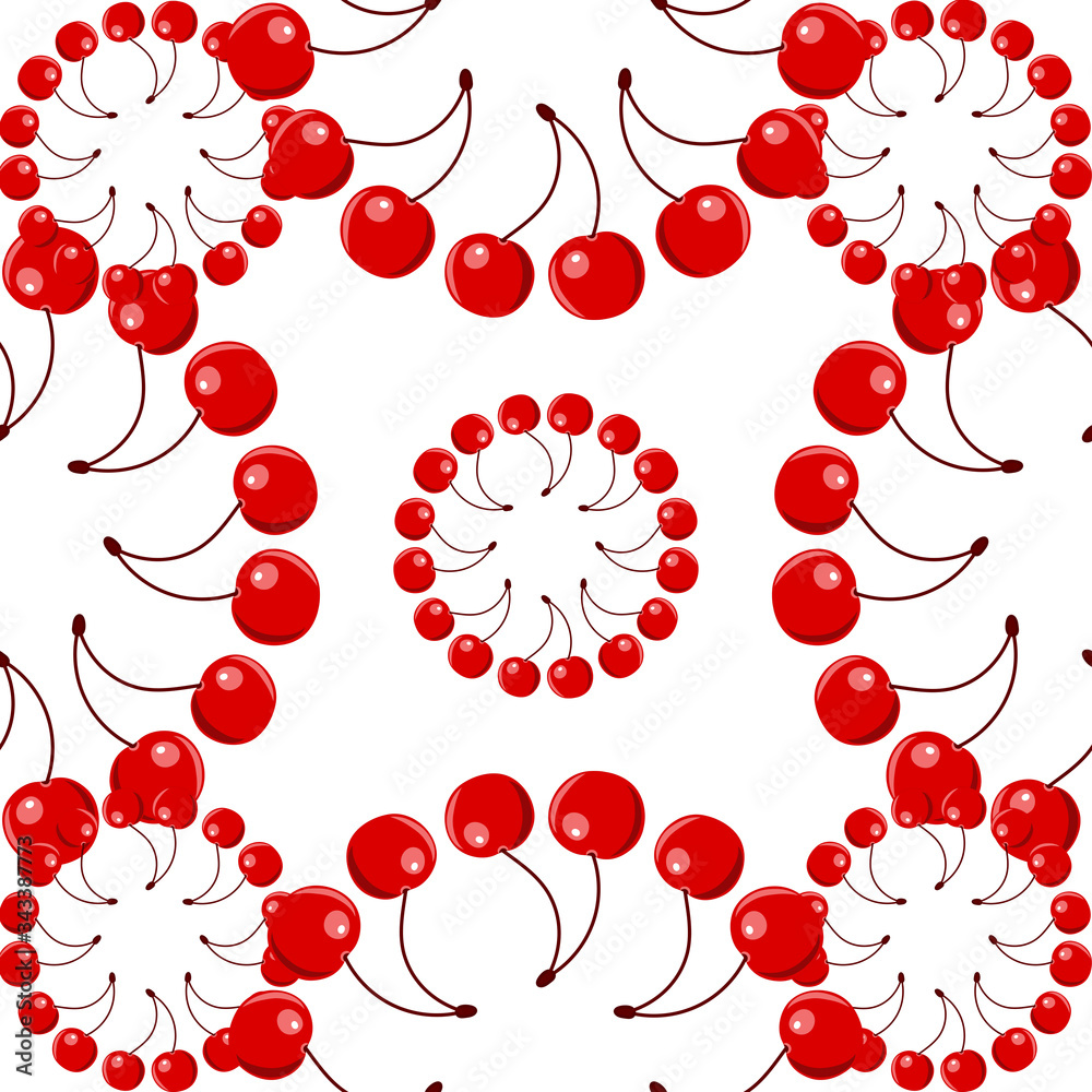 pattern of juicy red ripe cherries, with and without a leaf on a white background pattern of juicy red ripe cherries, with and without a leaf on a white background