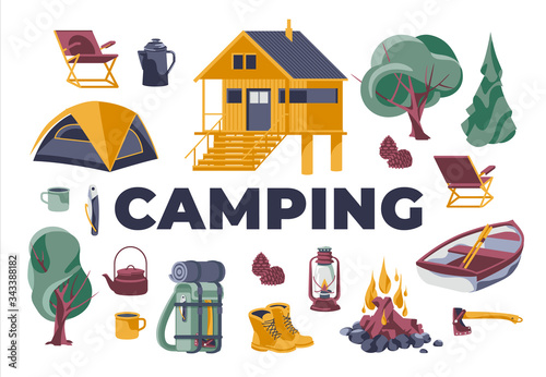Set of equipment and plants objects for camping and active rest isolated white backgound