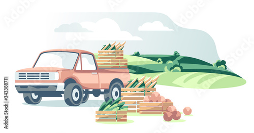 Fototapeta Naklejka Na Ścianę i Meble -  Truck with boxes of harvest vegetables on agriculture field white background isolated