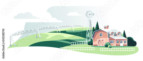 Irrigation field system near village house isolated white backgound