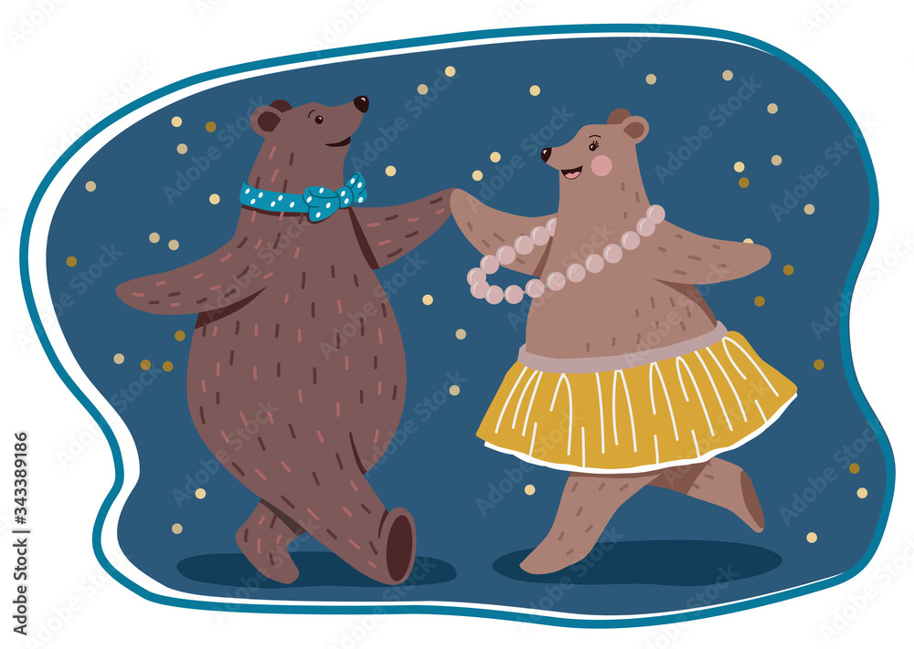 Fototapeta premium Dancing bears couple. Ballroom dancing bears. New Year party invitation.