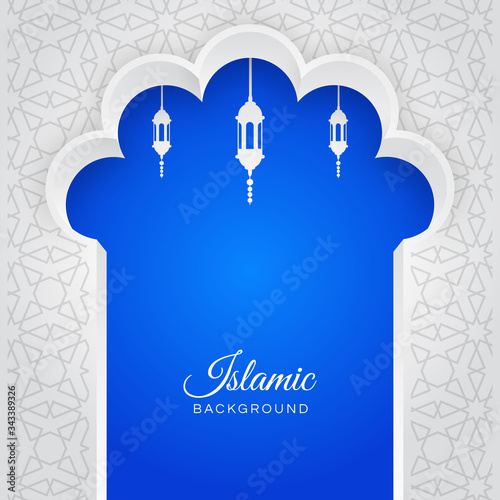 Islamic Arabic Style Blue Background with Ornament Lanterns and Pattern