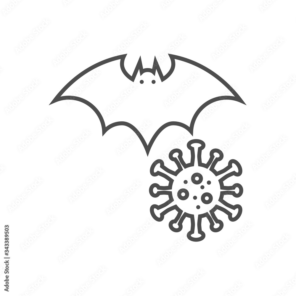 Obraz premium Bat carrier of coronavirus related vector thin line icon. Bat and virus. Isolated on white background. Editable stroke. Vector illustration.