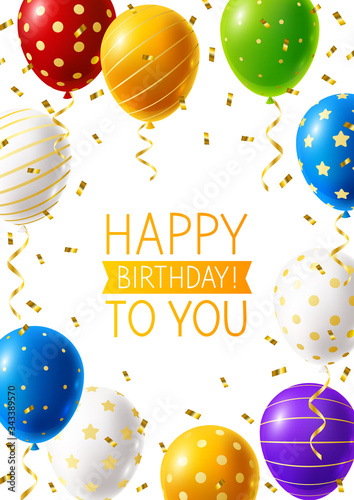 Bright rainbow balloons with golden ornate isolated on white background - vertical poster for your greeting card design