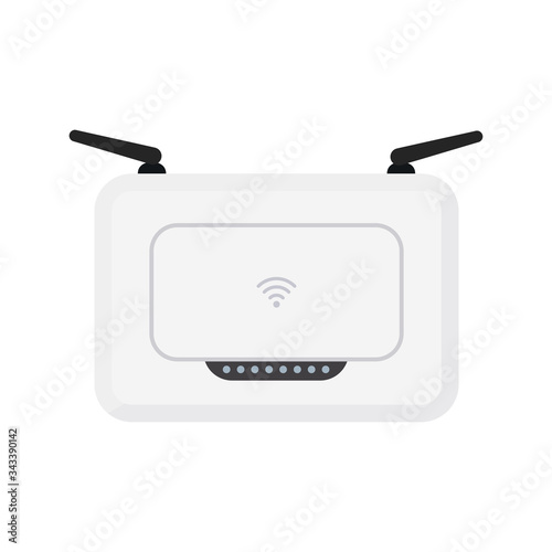White wireless wi-fi router with black antennae. Vector illustration. Isolated on white background
