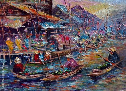 Art painting Oil color Floating market Thai land , countryside