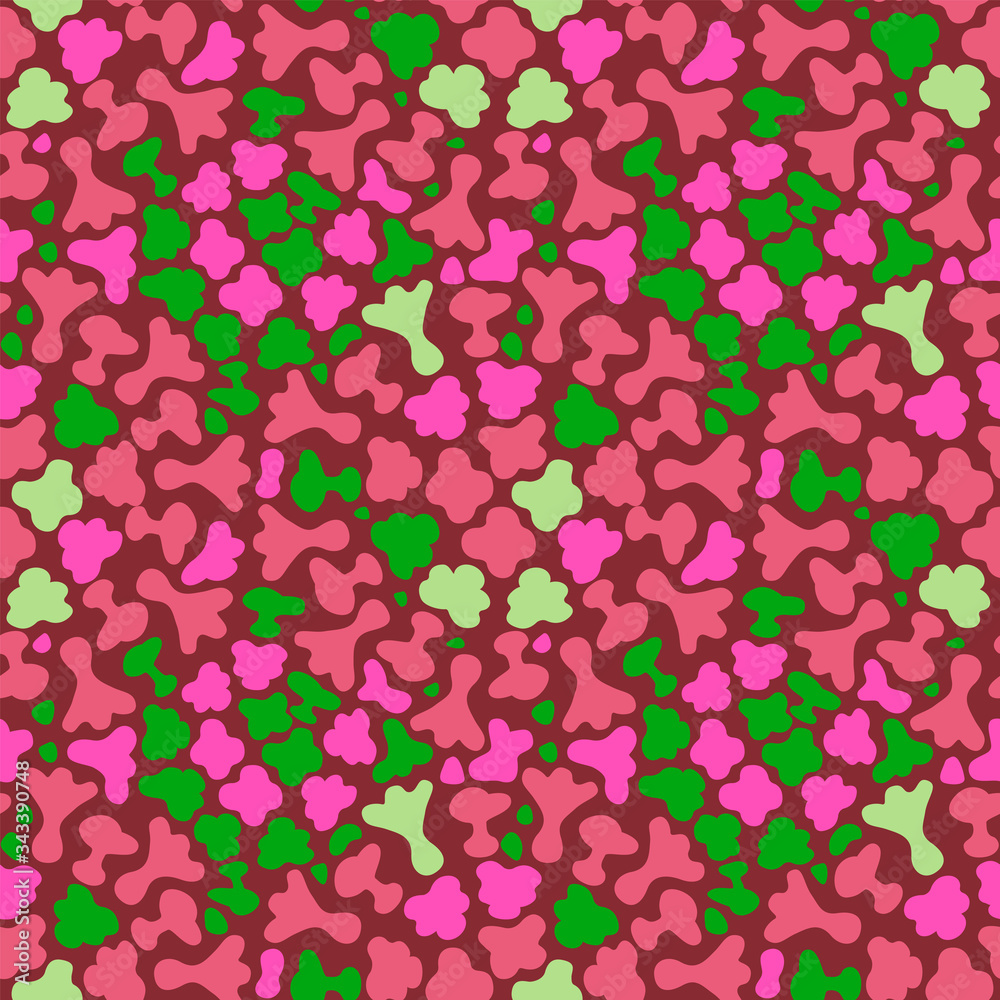 Seamless pattern with green and pink spots and blots. Floral, plant, moss, bush, flowerbed.