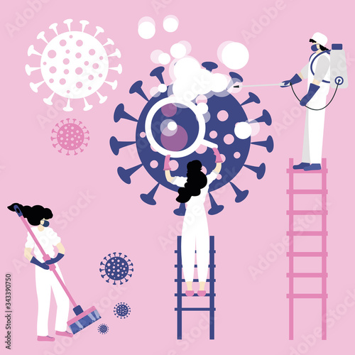 Bright illustration, a vector, a fight between medics and scientists with coronavirus. Collaboration, people study, fight and eliminate the virus. Search for antivirus, researching of disease