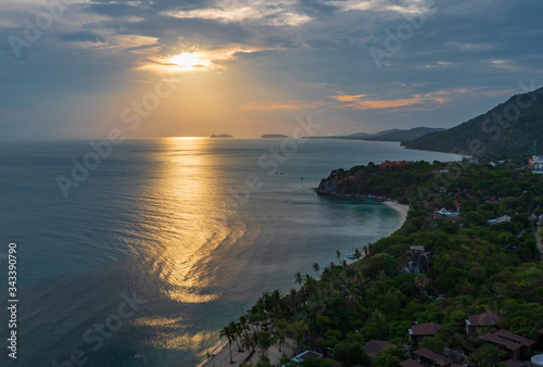 Tropical landscape in sunset time, island koh Phangan in Thailand, view from above