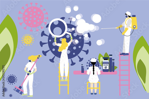 Bright illustration, a vector, a fight between medics and scientists with coronavirus. Collaboration, people study, fight and eliminate the virus. Search for antivirus, researching of disease