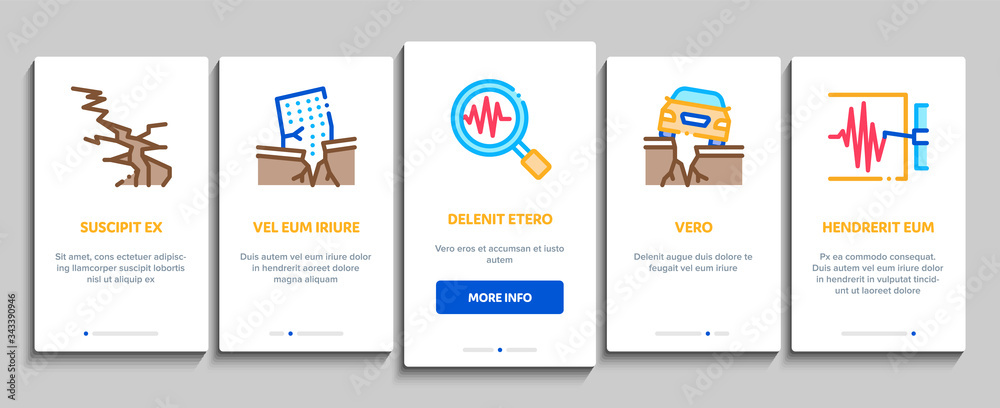Earthquake Disaster Onboarding Mobile App Page Screen Vector. Building And Road Destruction, Stone Collapse And Earthquake Catastrophe Color Contour Illustrations