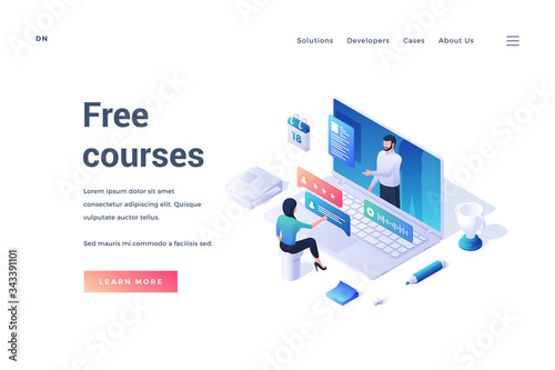 Website promoting free online courses in three dimensional style