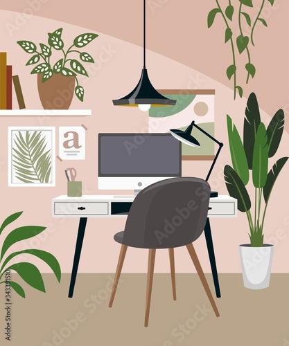 Home office flat interior vector illustration
