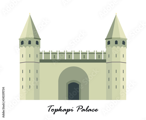 Entrance to the Topkapi palace, Istanbul, Turkey. The large Gate of Salutation. Vector illustration. Tourist attractions in Istanbul. Tourism, silhouette. Topkapi Palace Silhouette. Ottoman Empire