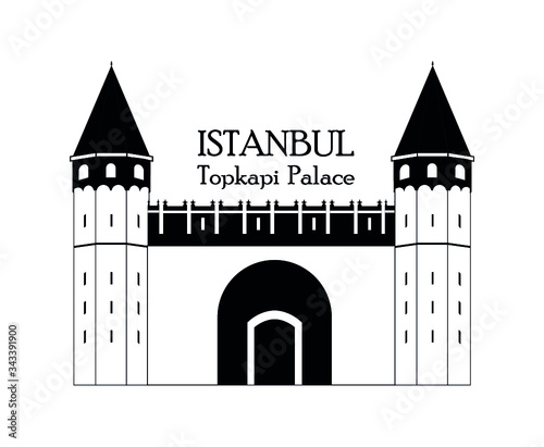 Entrance to the Topkapi palace, Istanbul, Turkey. The large Gate of Salutation. Vector illustration. Tourist attractions in Istanbul. Tourism, silhouette. Topkapi Palace Silhouette. Ottoman Empire