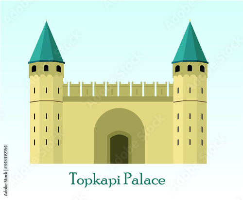 Entrance to the Topkapi palace, Istanbul, Turkey. The large Gate of Salutation. Vector illustration. Tourist attractions in Istanbul. Tourism, silhouette. Topkapi Palace Silhouette. Ottoman Empire