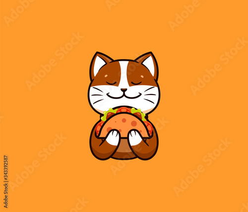 The logo funny cat eats taco. Cute animal, cartoon character, food logotype