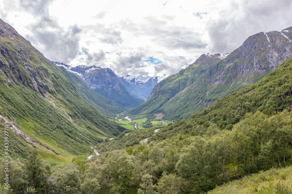 Wonderful view of the Green Valley in the mountains of Norway, selective focus