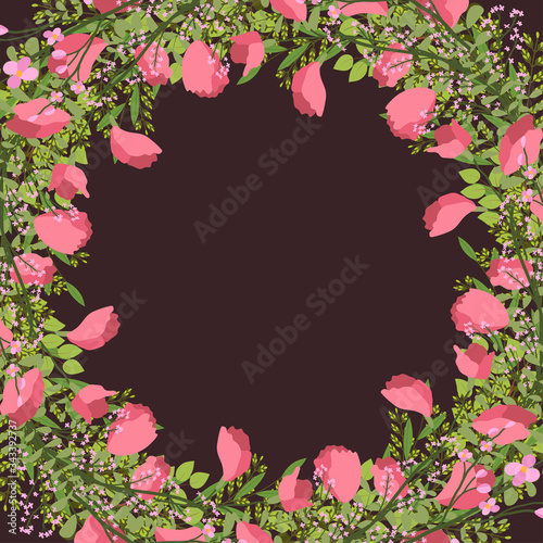 Frame with sweet pea flower, cherry blossom, leaves branch and fern. Summer tropical greeting card, invitation design. Vector decorative background.
