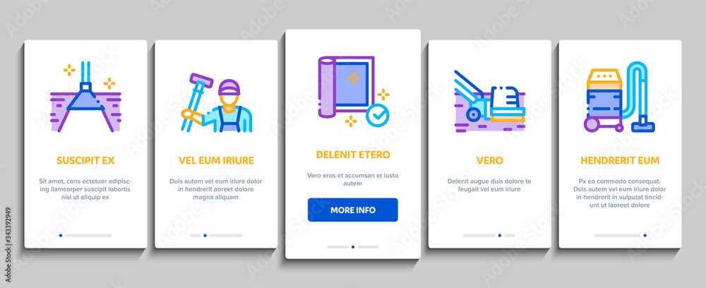 Carpet Cleaning Washing Service Onboarding Mobile App Page Screen Vector. Dusty And Dirty Carpet And Floor Vacuum Cleaner Equipment, Brush And Broom Color Contour Illustrations