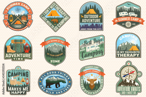 Outdoor adventure patch with quotes. Vector. Concept for shirt, logo, print, stamp or tee. Vintage typography design with hiking boots, elk, bear, tent, forest and mountain landscape silhouette