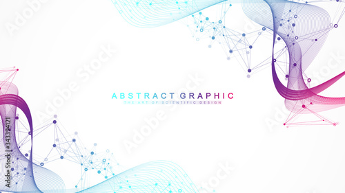 Big Genomic Data Visualization. DNA helix, DNA strand, DNA Test. CRISPR CAS9 - Genetic engineering. Molecule or atom, neurons. Abstract structure for Science or medical background, banner. Wave flow.