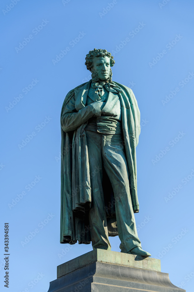 Moscow, Russia, February 2020: monument to the great Russian poet Alexander Pushkin on Pushkin square