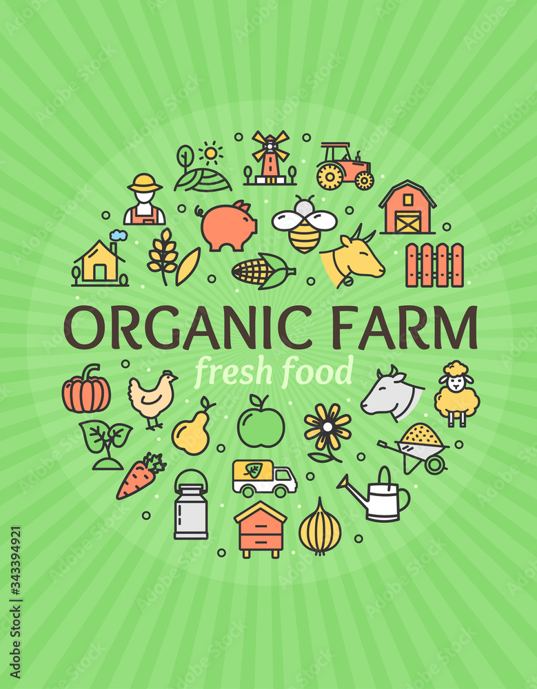 Fototapeta premium Organic Farm Signs Round Design Template Thin Line Icon Concept. Vector