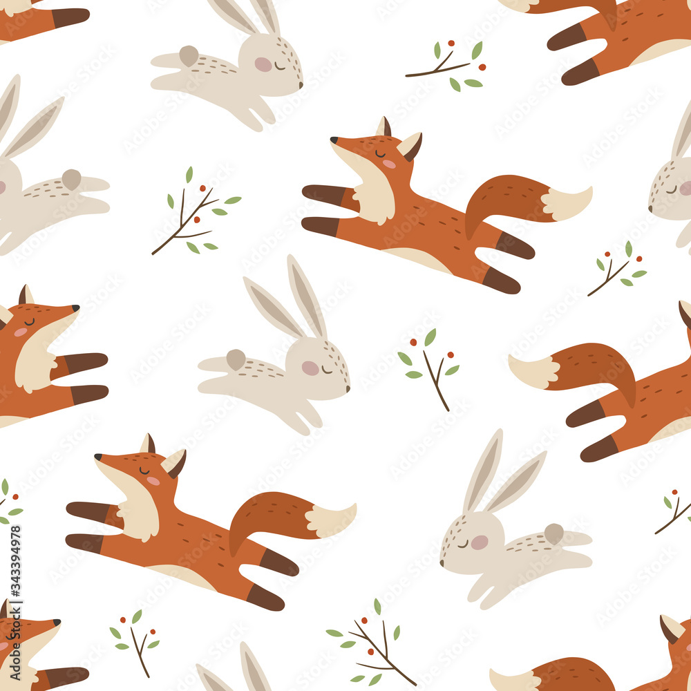 Seeamless pattern with cute rabbits and foxes. Vector illustration.