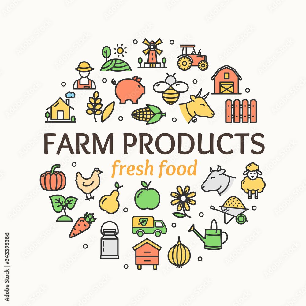 Farm Products Round Design Template Thin Line Icon Concept. Vector