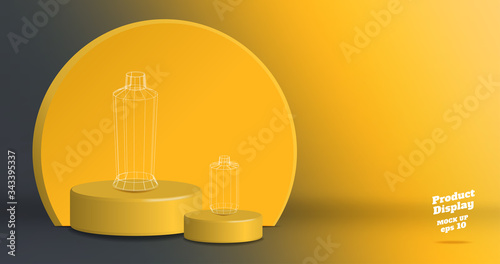 Vector,Empty vivid yellow gradient with grey studio round kiosk stand background ,product display with copy space for display of product Banner for advertise product on online media