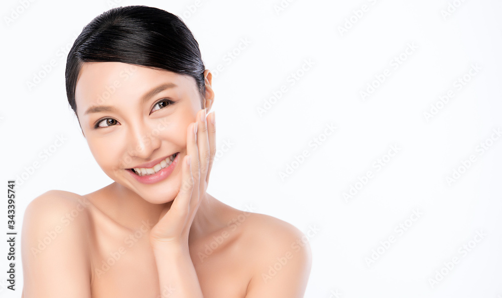 Beautiful Young Asian Woman with Clean Fresh Skin. Face care, Facial treatment, Cosmetology, beauty and healthy skin and cosmetic concept, woman beauty skin isolated on white background Beautiful Young Asian Woman with Clean Fresh Skin. Face care, Facial treatment, Cosmetology, beauty and healthy skin and cosmetic concept, woman beauty skin isolated on white background