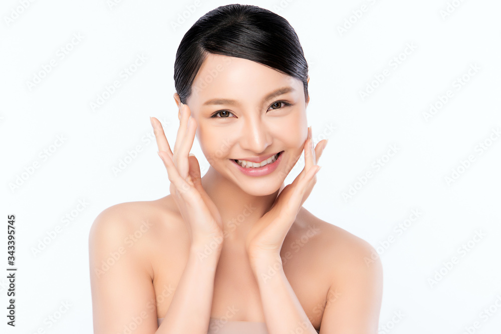 Beautiful Young Asian Woman with Clean Fresh Skin. Face care, Facial treatment, Cosmetology, beauty and healthy skin and cosmetic concept, woman beauty skin isolated on white background Beautiful Young Asian Woman with Clean Fresh Skin. Face care, Facial treatment, Cosmetology, beauty and healthy skin and cosmetic concept, woman beauty skin isolated on white background