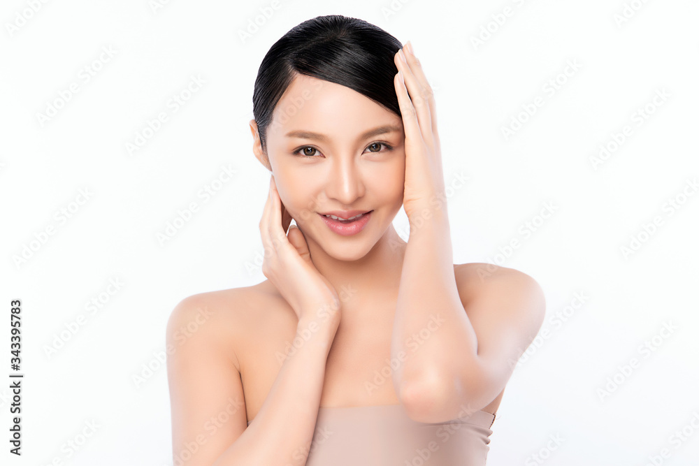 Beautiful Young Asian Woman with Clean Fresh Skin. Face care, Facial treatment, Cosmetology, beauty and healthy skin and cosmetic concept, woman beauty skin isolated on white background Beautiful Young Asian Woman with Clean Fresh Skin. Face care, Facial treatment, Cosmetology, beauty and healthy skin and cosmetic concept, woman beauty skin isolated on white background