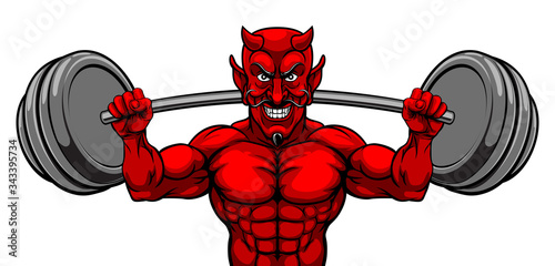 A devil Satan weight lifter body builder sports mascot lifting a big barbell