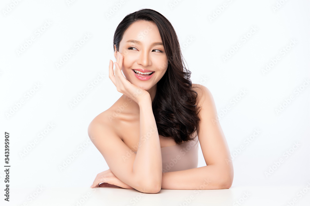 Beautiful Young Asian Woman with Clean Fresh Skin. Face care, Facial treatment, Cosmetology, beauty and healthy skin and cosmetic concept, woman beauty skin isolated on white background Beautiful Young Asian Woman with Clean Fresh Skin. Face care, Facial treatment, Cosmetology, beauty and healthy skin and cosmetic concept, woman beauty skin isolated on white background