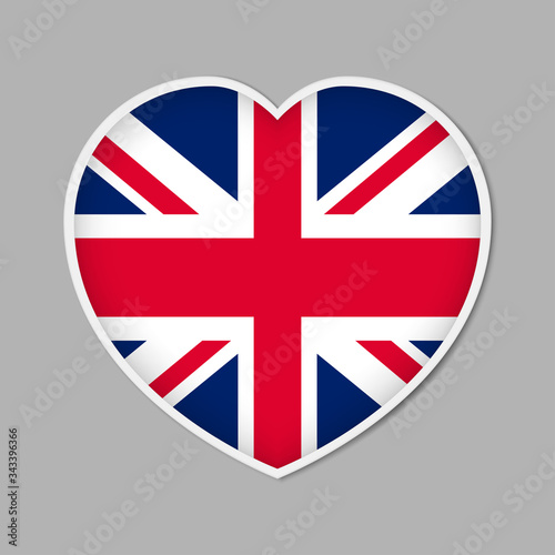 Heart shaped sign with British flag, vector illustration. Great Britain patriotic badge or sticker