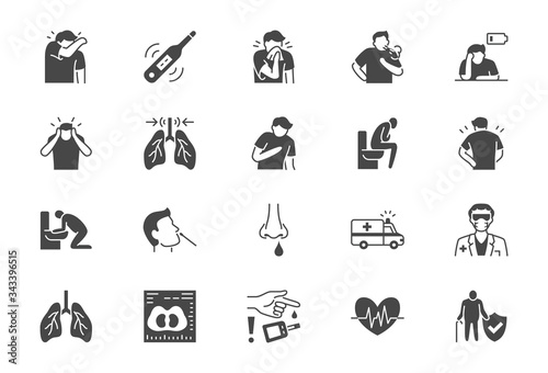 Coronavirus, flue virus symptoms flat icons. Vector illustration included icon as cough, fever, lung ct scan, pneumonia prevention black silhouette pictogram for medical infographic photo