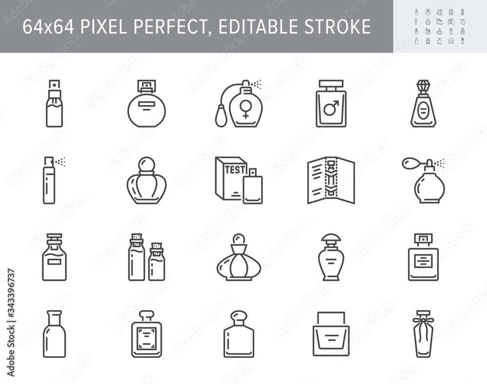 Perfume bottles line icons. Vector illustration included icon as glass sprayer, luxury parfum sampler, essential oil, cologne outline pictogram for cosmetic store. 64x64 Pixel Perfect Editable Stroke - obrazy, fototapety, plakaty 