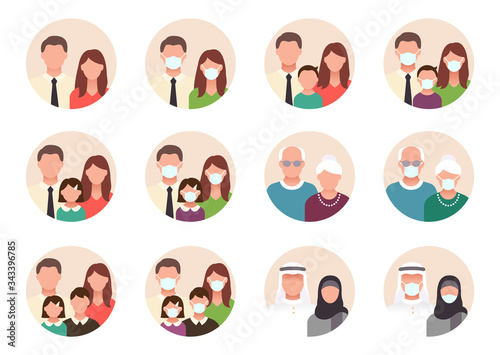 People avatar flat icons. Vector illustration included icon as man, female head, muslim, senior, familes and couples human face pictogram for user profile. Round colored cartoon portraits