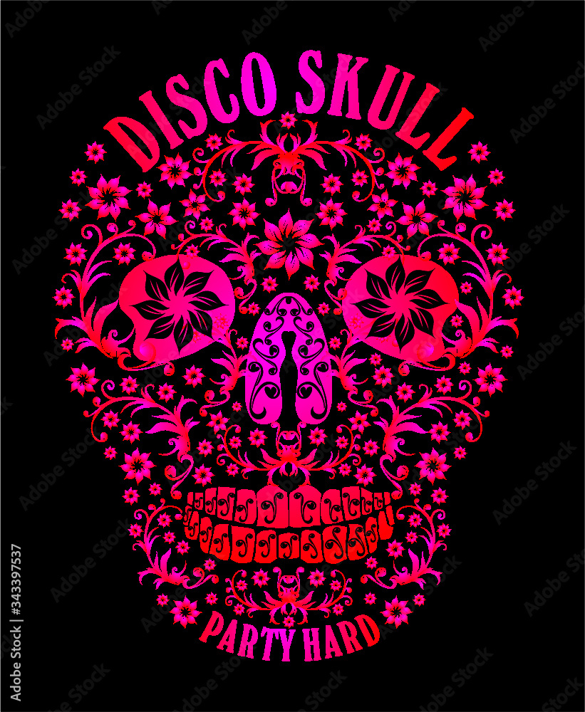 disco skull flower graphic design vector art