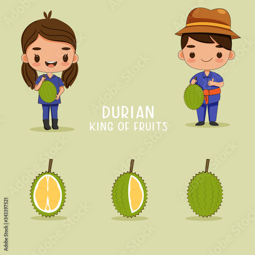 cute boy and girl gardener with Durian fruit vector